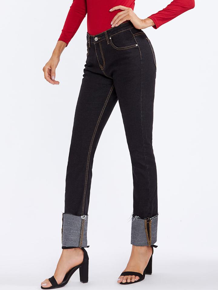 Romwe Rolled High Up Topstitch Jeans