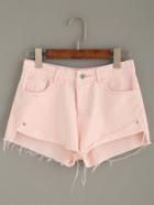 Romwe Pink Fold Over Raw Hem Denim Shorts