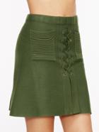 Romwe Army Green Lace Up Knit Skirt With Pockets