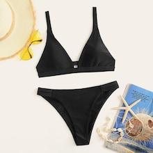 Romwe Triangle Top With Ruched High Leg Bikini Set
