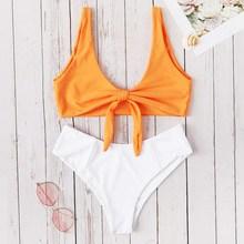 Romwe Two Tone Knot Front Plunge Bikini Set