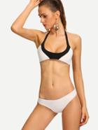 Romwe Contrast Halter Neck Bikini Set - White