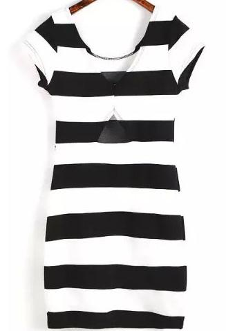 Romwe Striped Cut Out Black Dress