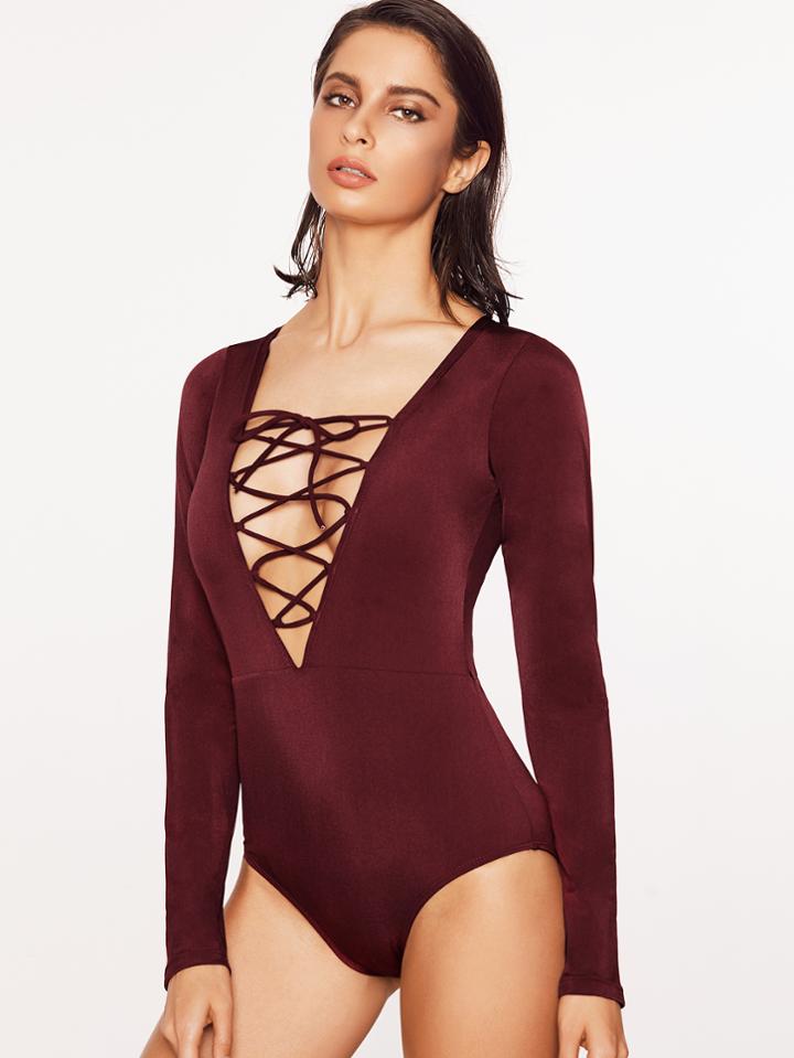 Romwe Burgundy Criss Cross V Neck One-piece Swimwear