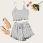 Romwe Solid Frill Trim Crop Cami Top With Shorts