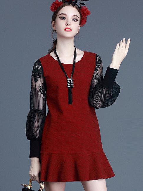 Romwe Red Round Neck Long Sleeve Contrast Gauze Dress