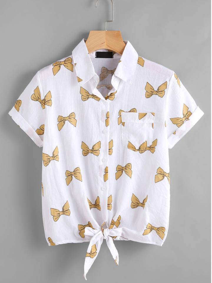 Romwe Bow Print Self Tie Front Cuffed Blouse With Chest Pocket