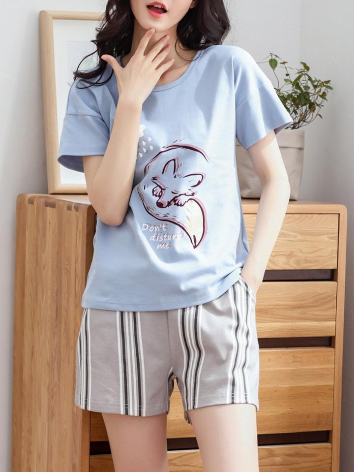 Romwe Fox Print Tee & Striped Shorts Pj Set