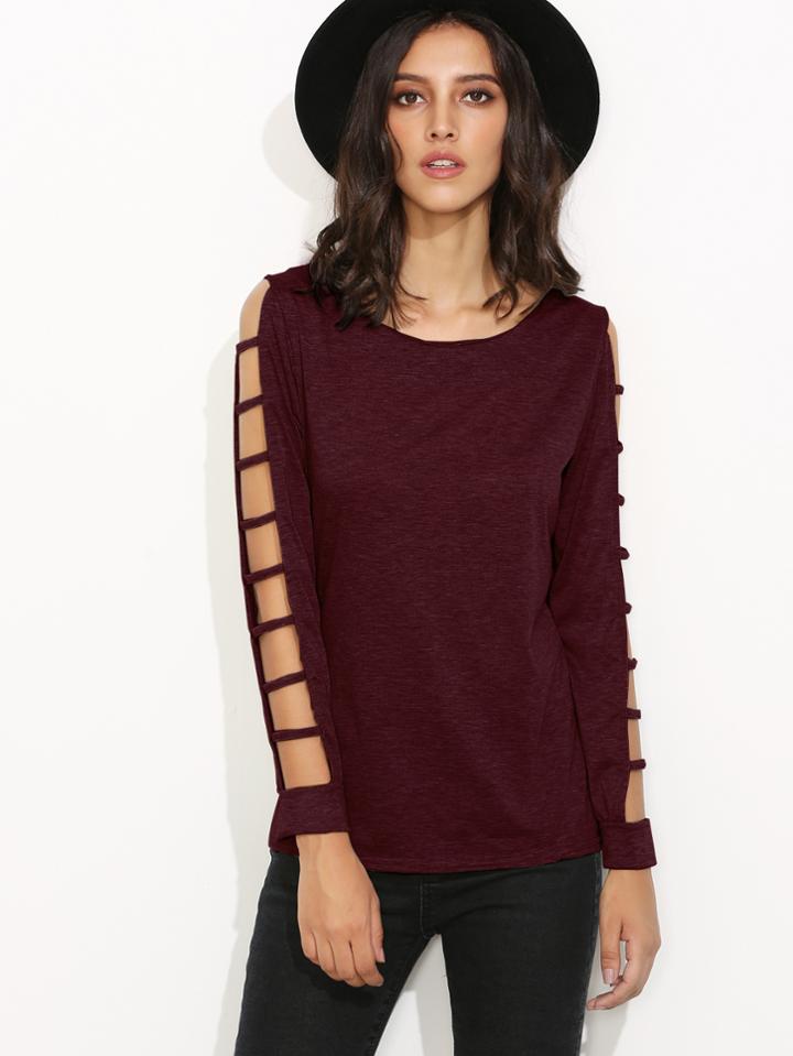 Romwe Burgundy Ladder Cut Out Sleeve T-shirt