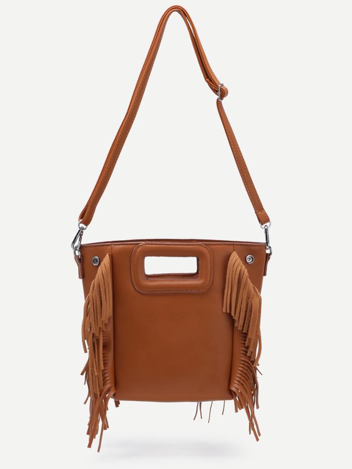 Romwe Brown Cut Out Handle Fringe Shoulder Bag