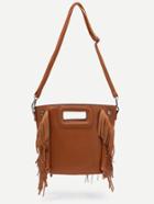 Romwe Brown Cut Out Handle Fringe Shoulder Bag