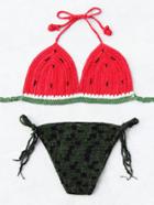 Romwe Watermelon Pattern Side Tie Crochet Triangle Bikini Set