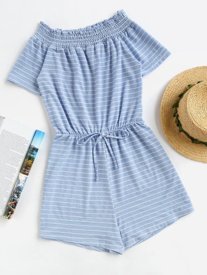 Romwe Striped Shirred Bardot Drawstring Waist Romper