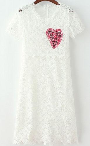 Romwe Short Sleeve Heart Embroidered Lace Dress