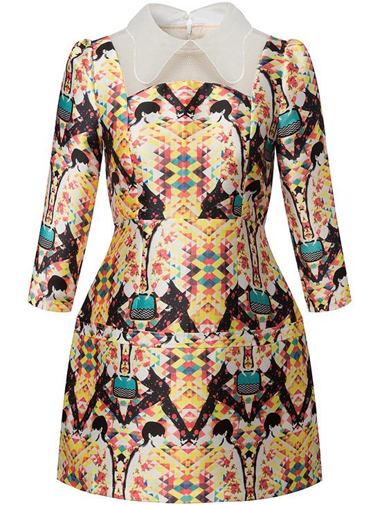 Romwe Yellow Contrast Collar Portrait Print Dress