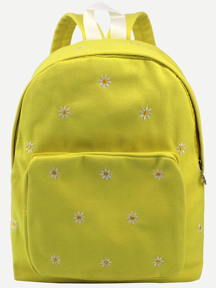 Romwe Yellow Daisy Embroidered Canvas Backpack