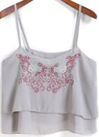 Romwe Grey Spaghetti Strap Embroidered Chiffon Cami Top