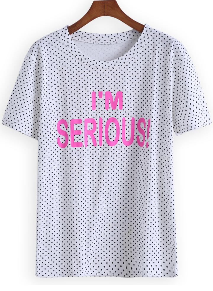 Romwe White Short Sleeve Polka Dot Serious Print T-shirt