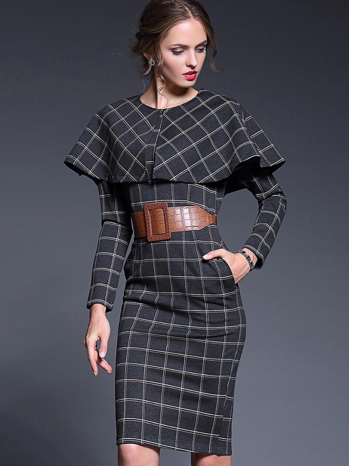 Romwe Deep Grey Round Neck Long Sleeve Drawstring Cap Dress