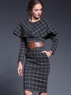 Romwe Deep Grey Round Neck Long Sleeve Drawstring Cap Dress