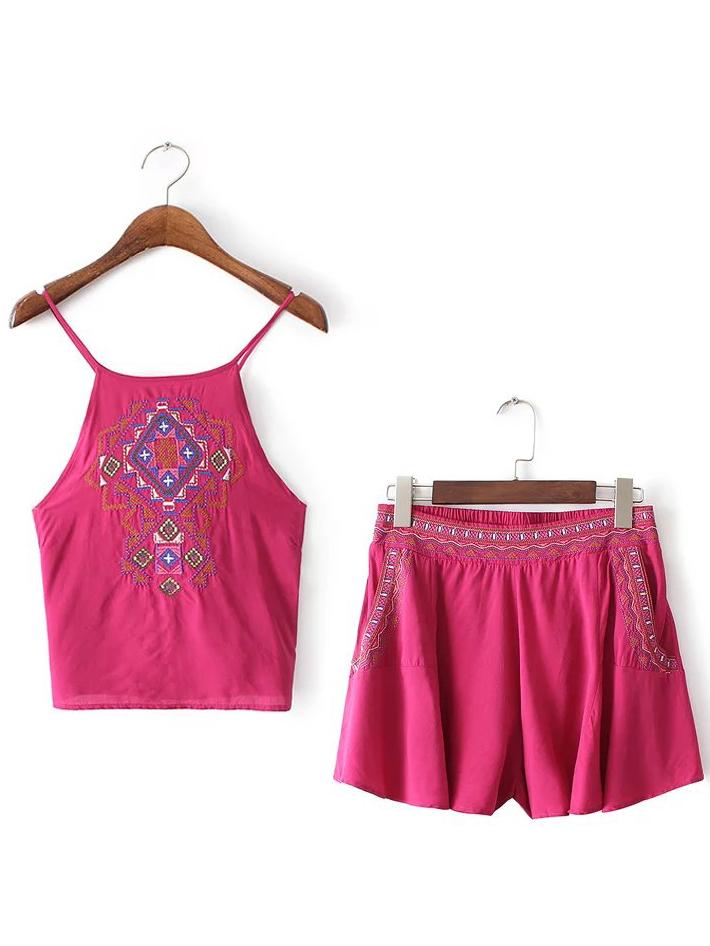 Romwe Rose Pink Spaghetti Strap Embroidery Top With Shorts