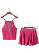 Romwe Rose Pink Spaghetti Strap Embroidery Top With Shorts