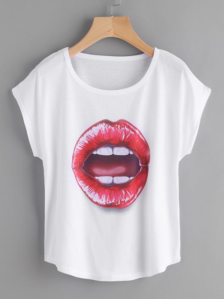 Romwe Mouth Print Dolman Sleeve Tee