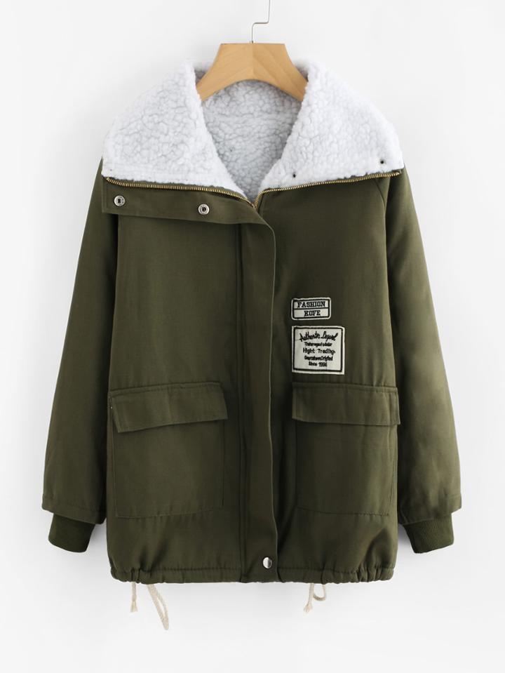 Romwe Embroidered Patch Drawstring Hem Sherpa Jacket