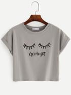 Romwe Grey Close Eyes Print Roll Sleeve T-shirt