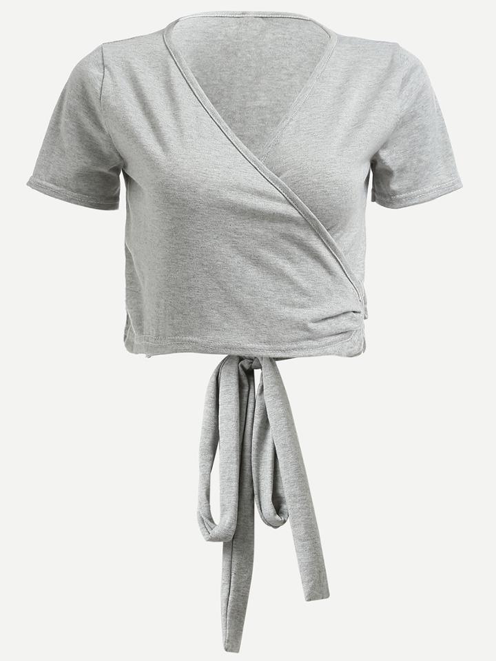 Romwe Grey Surplice Front Self-tie Crop T-shirt