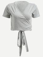 Romwe Grey Surplice Front Self-tie Crop T-shirt