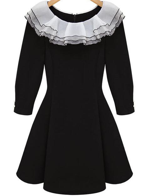 Romwe Ruffle Collar Back Bow Flare Dress