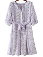 Romwe Purple V Neck Buttons Front Tie-waist Bow Print Dress