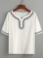 Romwe White V Cut Embroidered Shirt