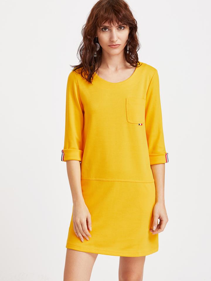 Romwe Yellow 3/4 Sleeve Roll Cuff Dress With Pocket
