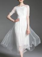Romwe White Gauze Embroidered Lace A-line Dress