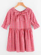 Romwe Bow Neck Button Back Trumpet Sleeve Gingham Smock Dress