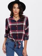 Romwe Knot Front Roll Tab Sleeve Check Blouse
