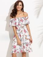 Romwe White Off The Shoulder Floral Print Self Tie Ruffle Dress