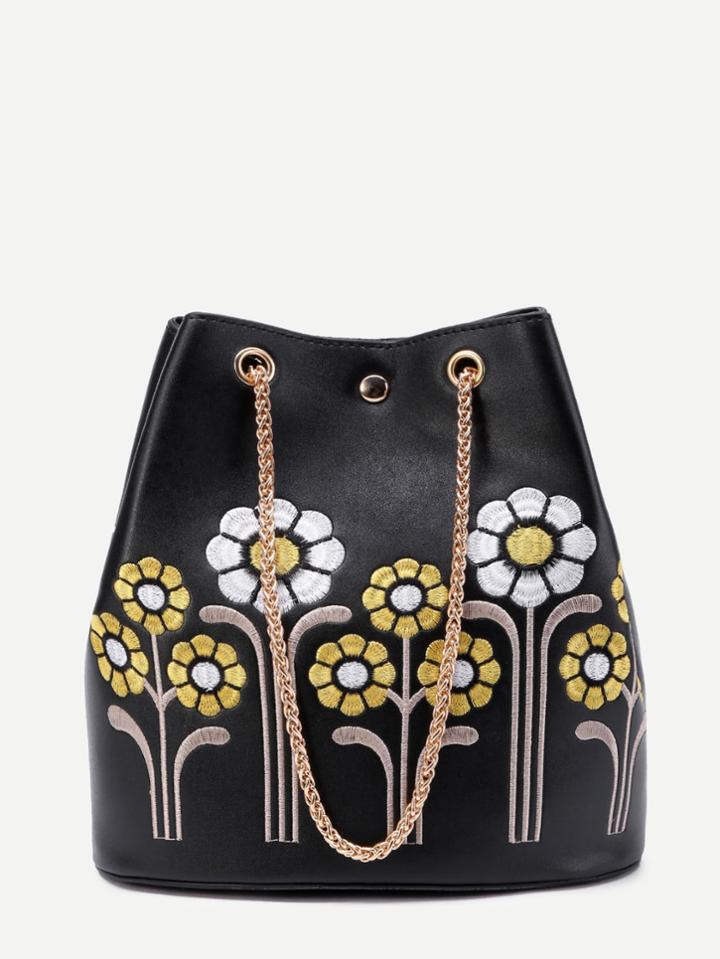 Romwe Flower Embroidery Pu Shoulder Bag