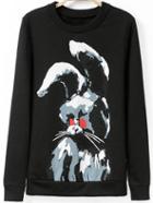 Romwe Rabbit Print Black Sweatshirt