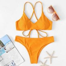 Romwe Plain Criss Cross Bikini Set
