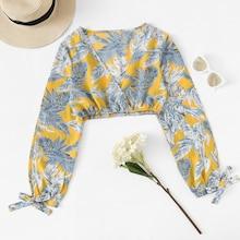 Romwe Plant Print Split Sleeve Knot Blouse