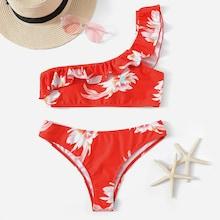 Romwe Random Floral Ruffle One Shoulder Bikini Set