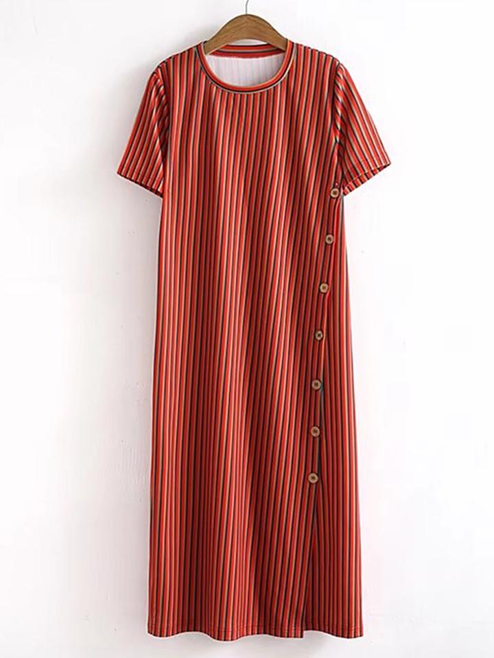 Romwe Vertical Striped Single Breasted Side Dress