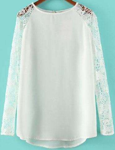 Romwe Lace Long-sleeve Loose White Blouse