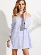 Romwe Blue Vertical Striped Tied Off The Shoulder Dress