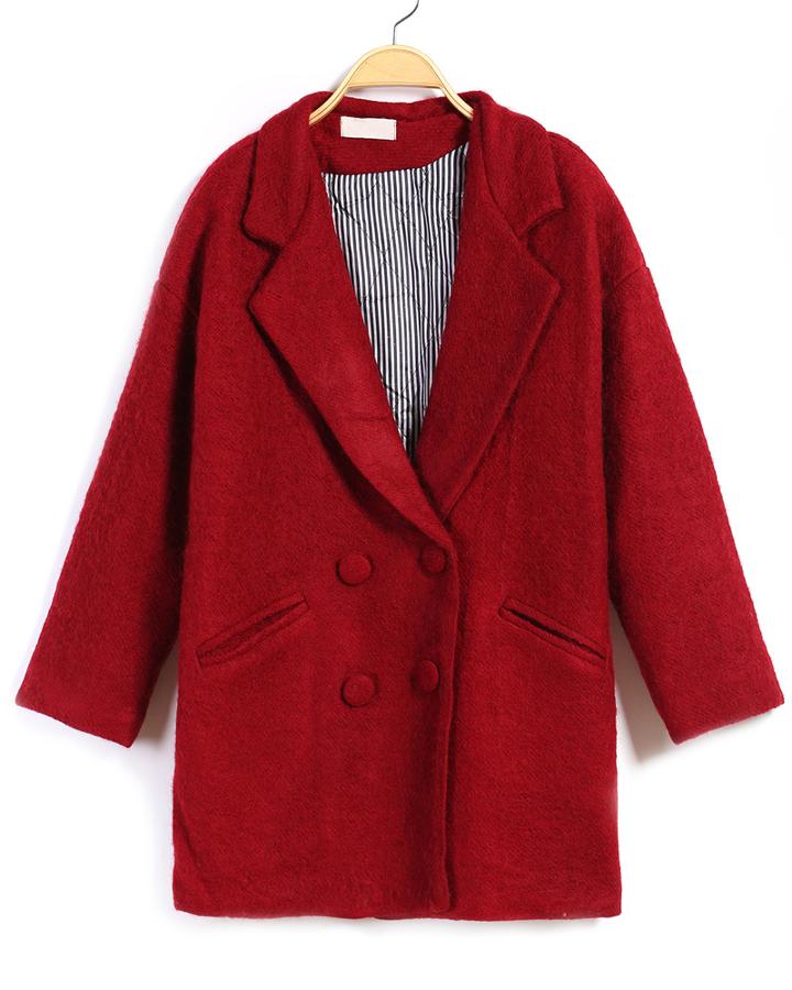 Romwe Double Breasted Lapel Woolen Wine Red Coat