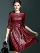 Romwe Win Red Round Neck Long Sleeve Tie-waist Leather Dress