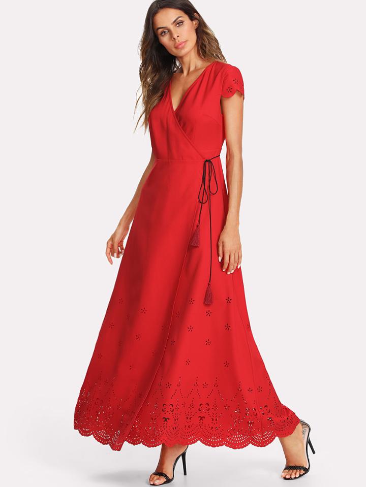 Romwe Scallop Laser Cut Trim Tassel Detail Dress